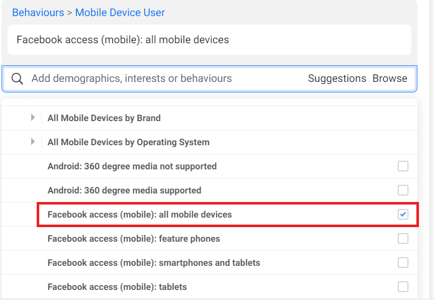 Target Audience on Facebook - Facebook access (mobile) - all mobile devices