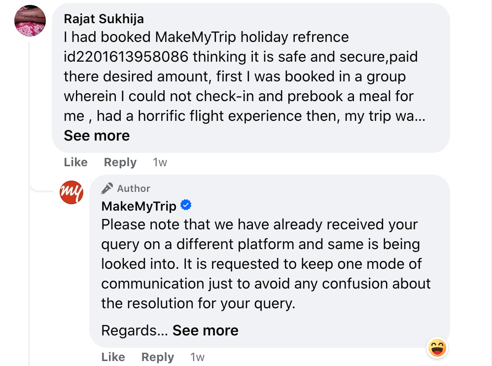 MakeMyTrip customer care post 