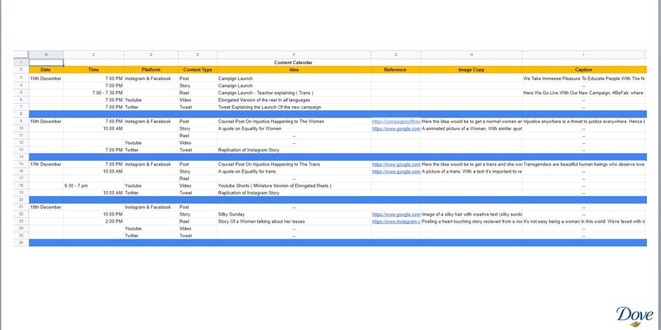 Digital Marketing Strategy of Dove - Content Calendar