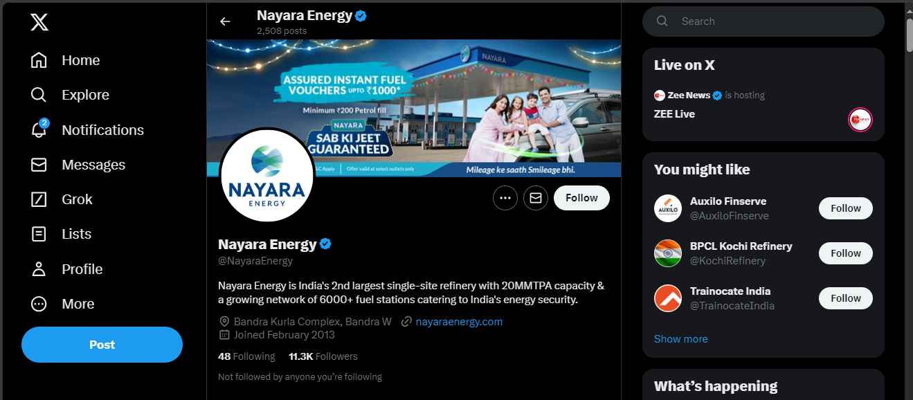 Nayara Energy Twitter Profile