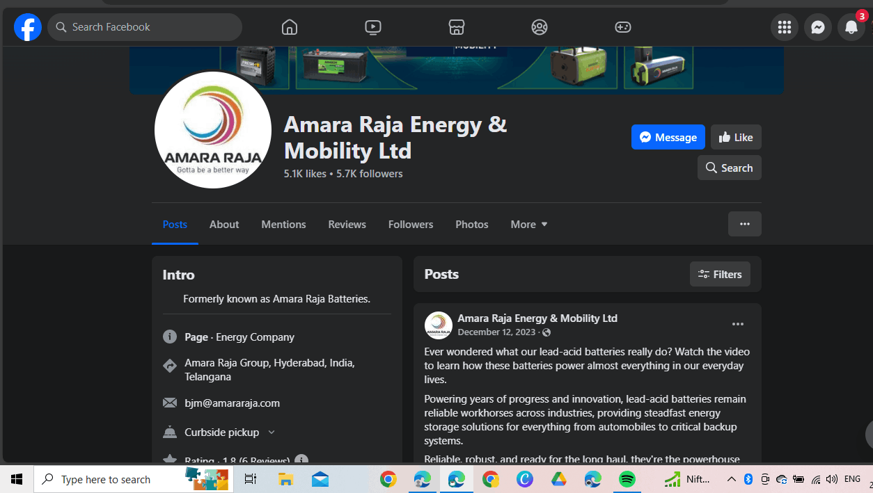 Amara Raja Batteries Facebook Profile