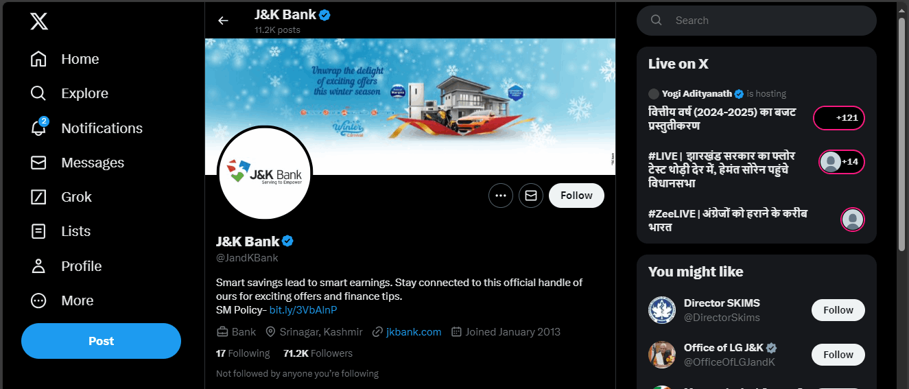 Jammu and kashmir bank twitter profile