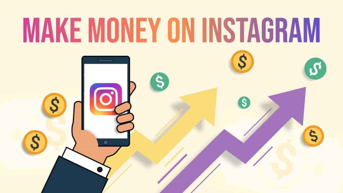 how to earn money from instagram - Cartoon image of a hand hold a phone with instagram's logo on it and the words 'how to make money on instagram' written on top