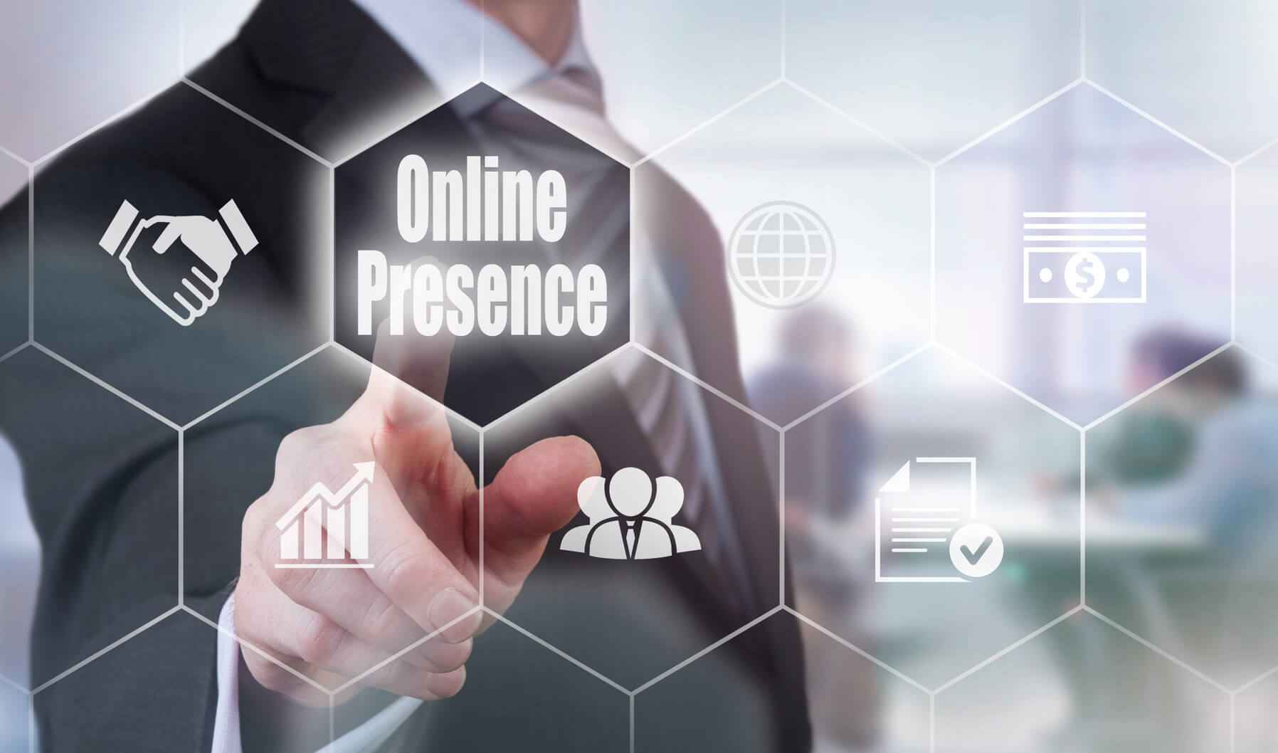 Start freelancing - Image of a man clicking a screen with the words 'online presence' on it. 